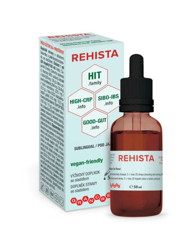 REHISTA kvapky sú moderný produkt určený na rýchlu úľavu od akútnych príznakov pri HIT. Ide najmä o tráviace ťažkosti, brušné kŕče, žalúdočná ťažoba. Ale aj bolesti hlavy, búšenie srdca či kožné začervenanie.